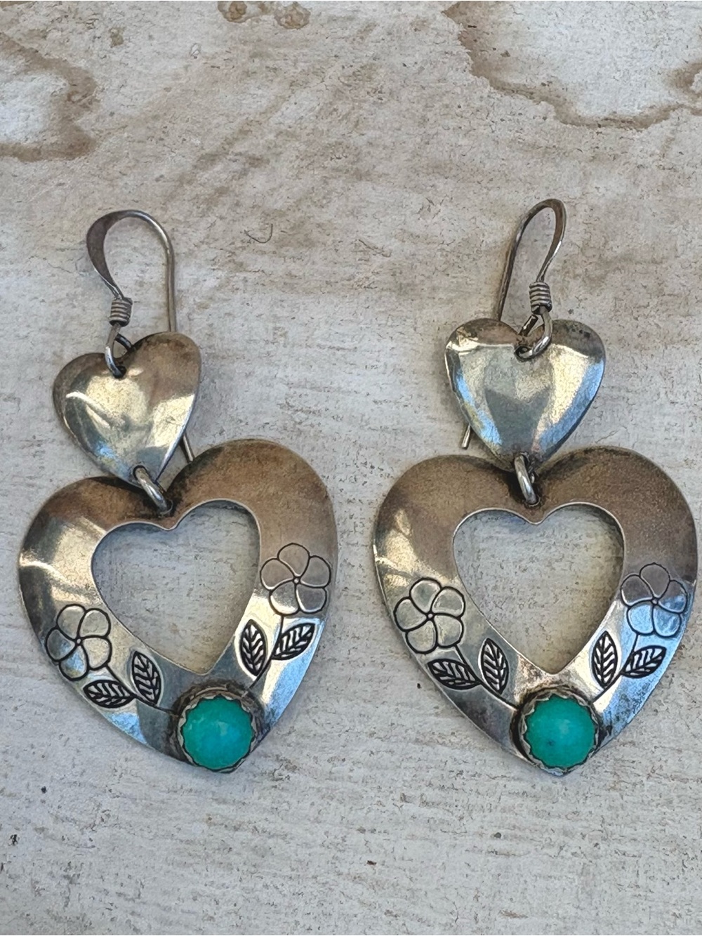 Vintage Signed Shube Sterling Silver Double
Heart & Turquoise Earrings